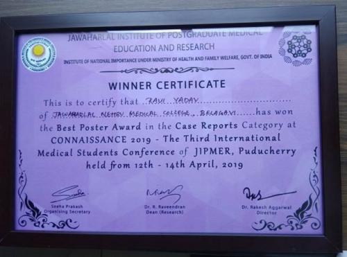 Awarded to :Mr. Ravi Yadav, MBBS III / I student  in Connaissance for Best Poster Award in ENT Case Report.